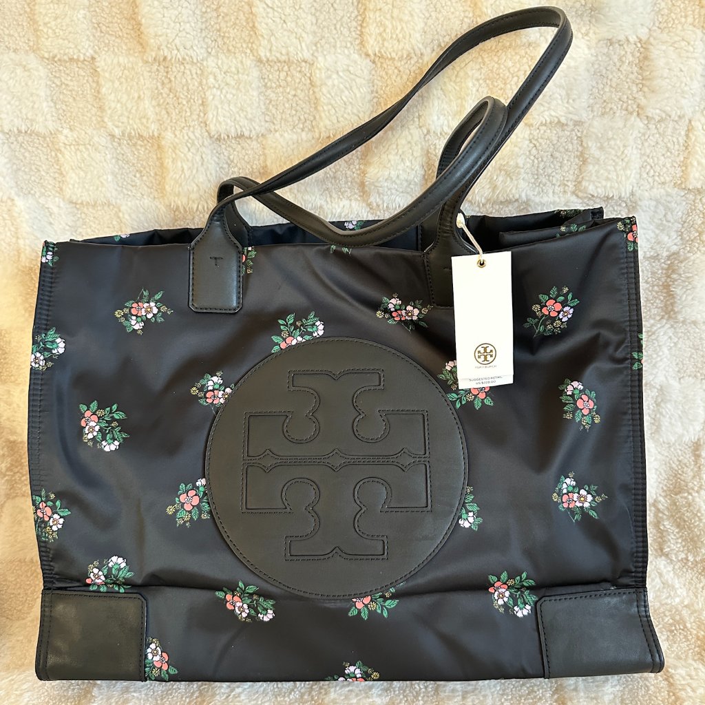 Nwt! Rare! Tory Burch Tb Ella Floral Printed Nylon Black Tote Women's Bag 80700